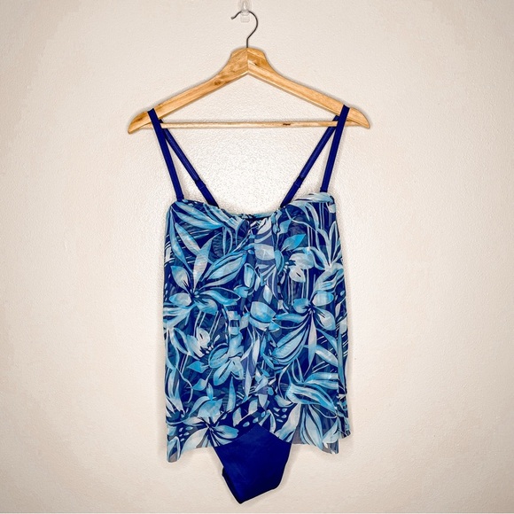 Land’s End | NWT One Piece Fauxini Tropical Mesh Bandeau Swimsuit, size 14 - Picture 3 of 11